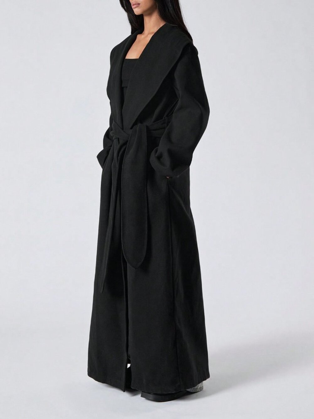 Black Elegant Women's Long Belted Pocket Loose Comfy Long Sleeve Jacket coat - Picture 4 of 6